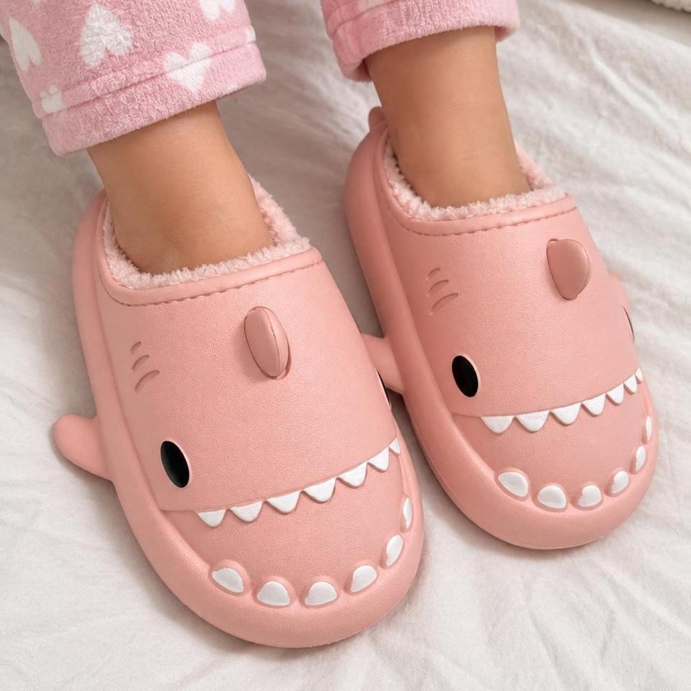 Pink Shark Slippers for Kids Girls Fuzzy Warm House Shoes Cute Indoor